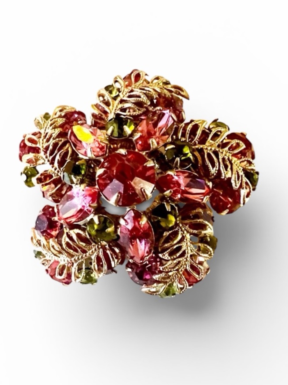 1950 Vintage Pink and Green Gold Tone Metal Brooch crystal